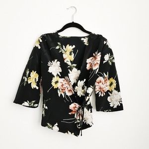 Black V-Neck Floral Tie Waist Blouse